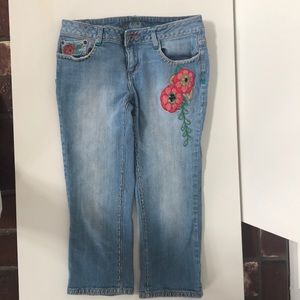 Cropped Embroidered Distressed Jeans